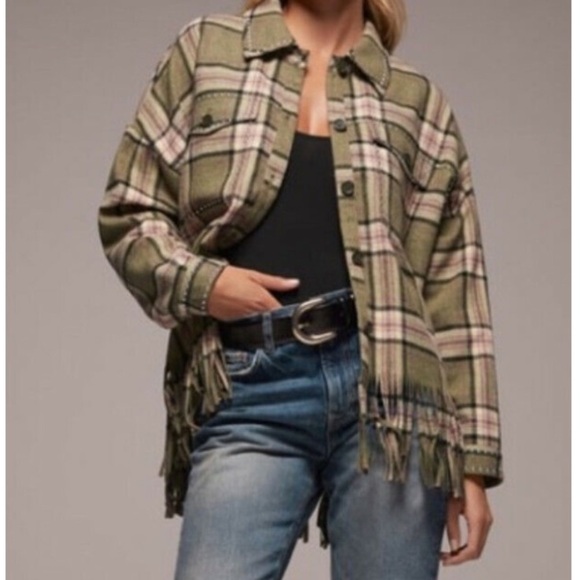 Zara Plaid Flannel Oversized Shacket with Fringe Hem and Studded Detailing - Picture 3 of 13
